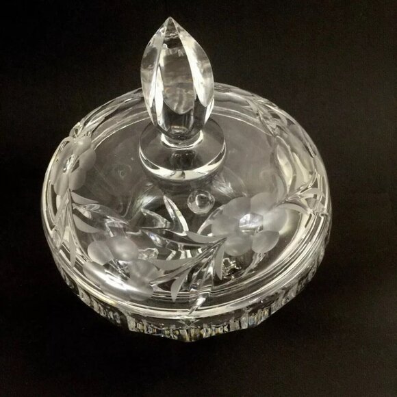 Czech Hand Cut Crystal Lidded Candy Dish Pedestal Bowl Etched Glass Lid VTG 60's - Picture 12 of 12